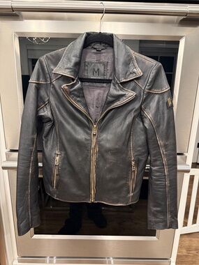 Mauritius Distressed Leather Moto Jacket with Contrasting Stitching